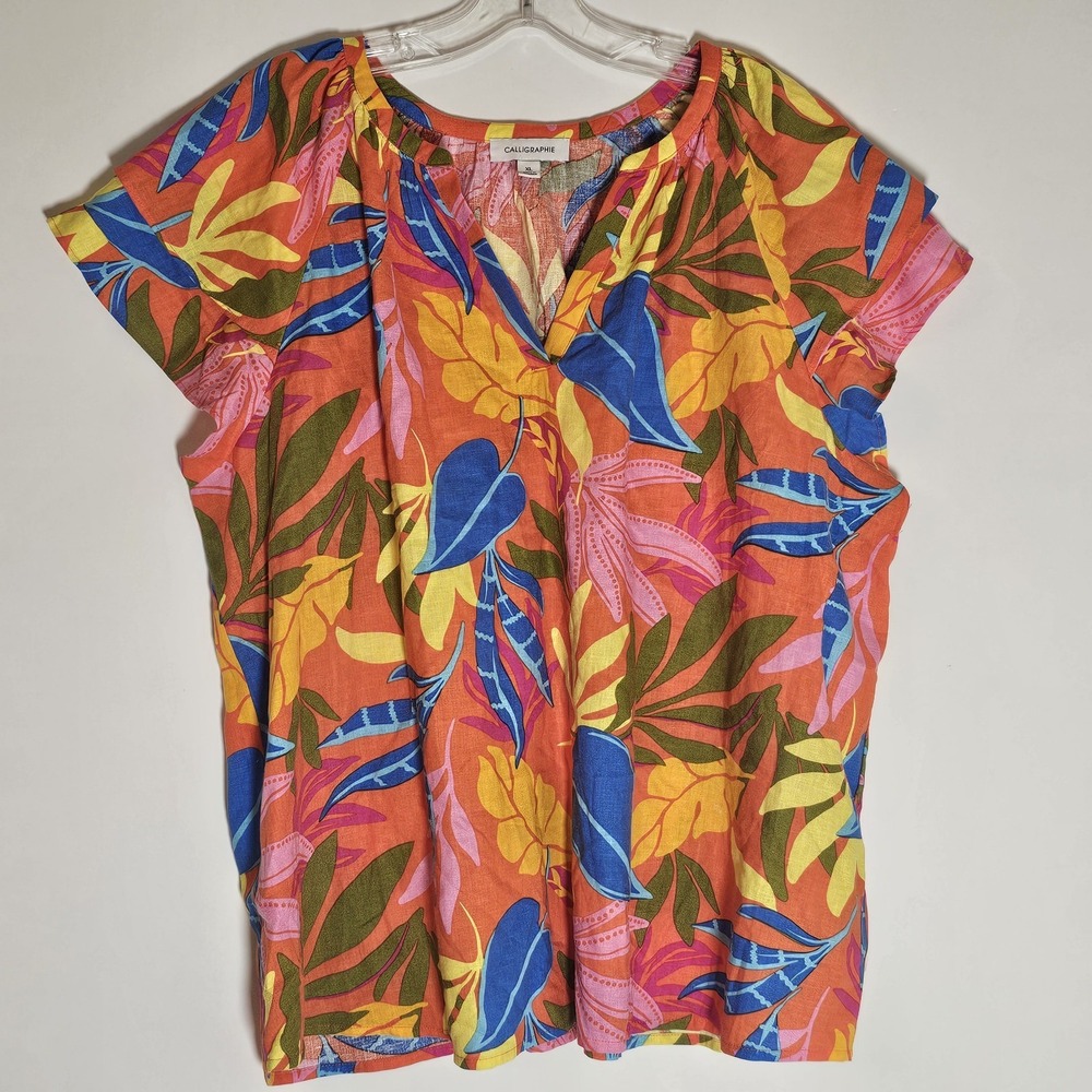 Calligraphie Top Womens XL Multicolor Tropical Ruffle Linen Colorful Artsy Bold‎
